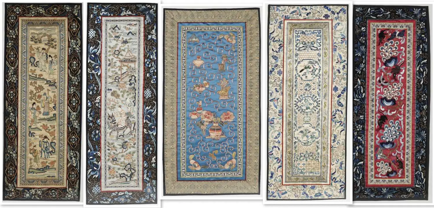 Lot 97 - Five Chinese embroidered silk panels with