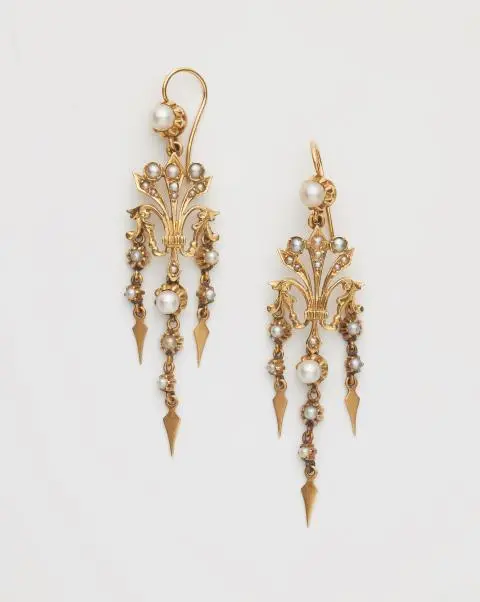 A pair of 18k gold and pearl pendeloque earrings.