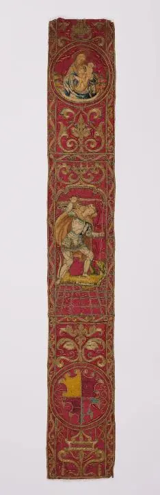A fabric border with figural embroidery