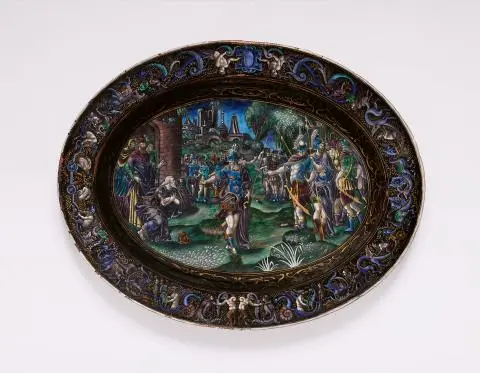 A large opulent enamelled dish with an Old Testament scene