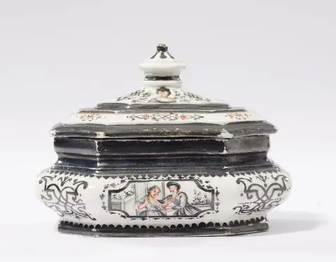 A Meissen porcelain sugar box with Comedia dell'arte scenes