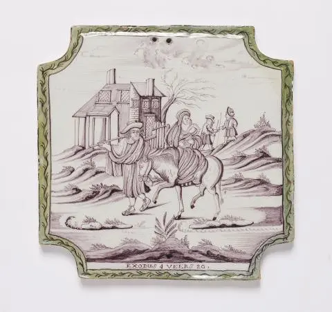 A large Dutch faience tile with the Flight to Egypt