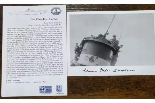WW2 Oblt Claus-Peter Carlsen U-Boat commander signed photo SP(UB)09