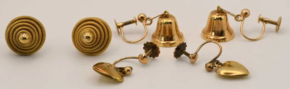 Three pairs of 9ct yellow gold earrings comprising bell drops