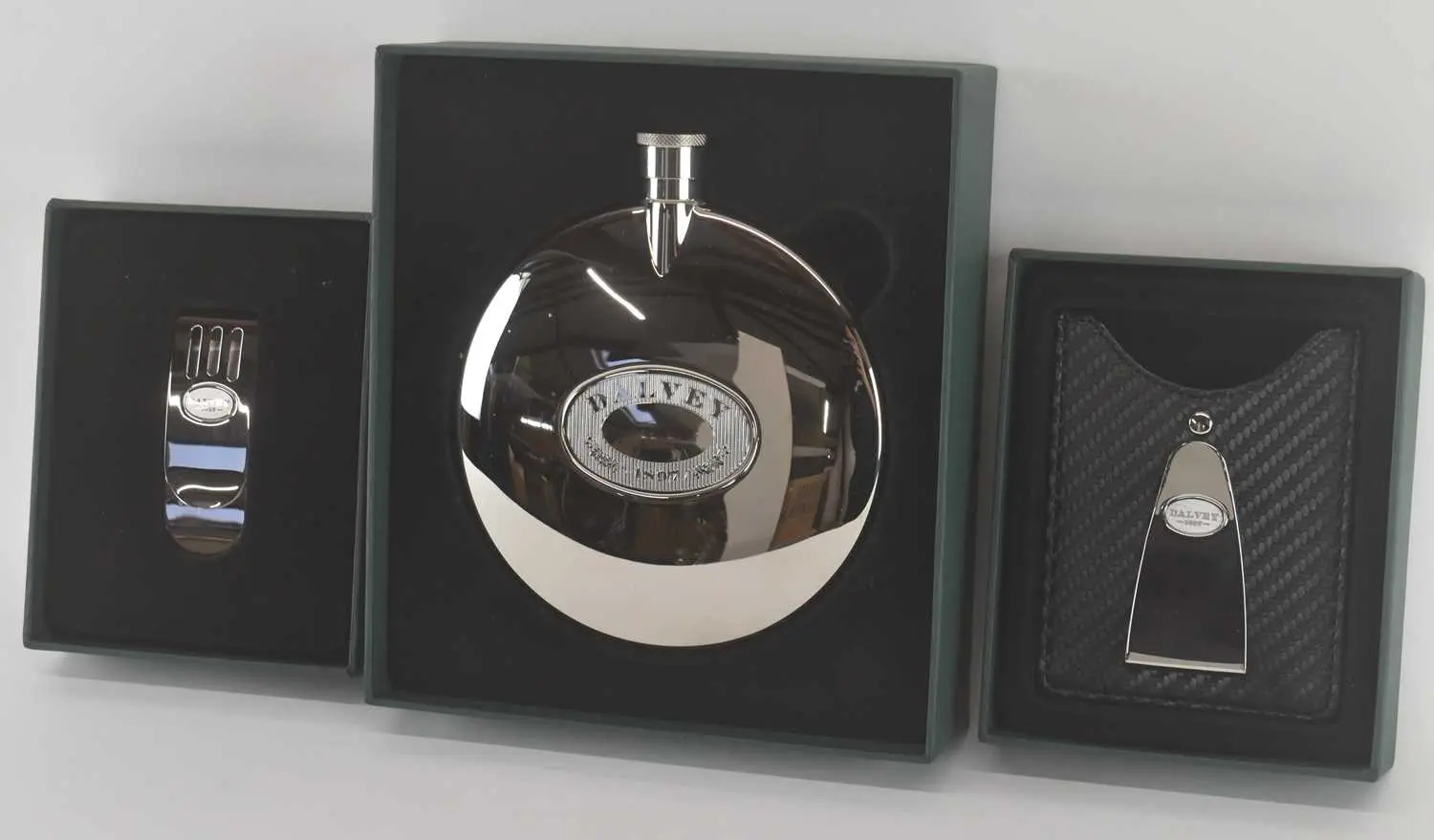 DALVEY; a boxed stainless steel hip flask
