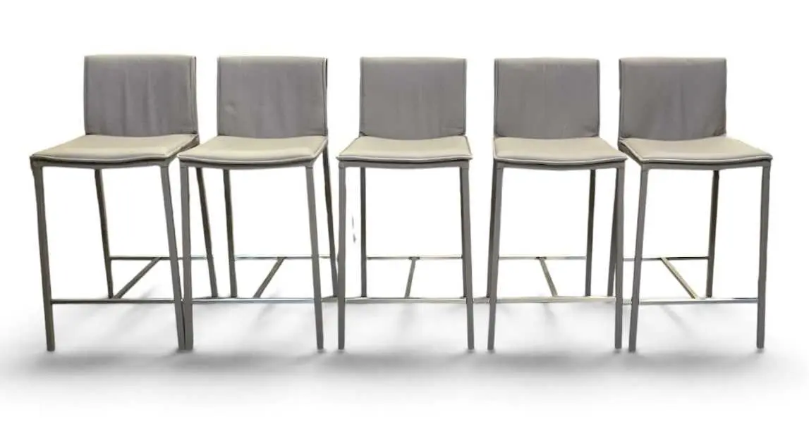 A set of five modern contemporary grey leather upholstered bar stools