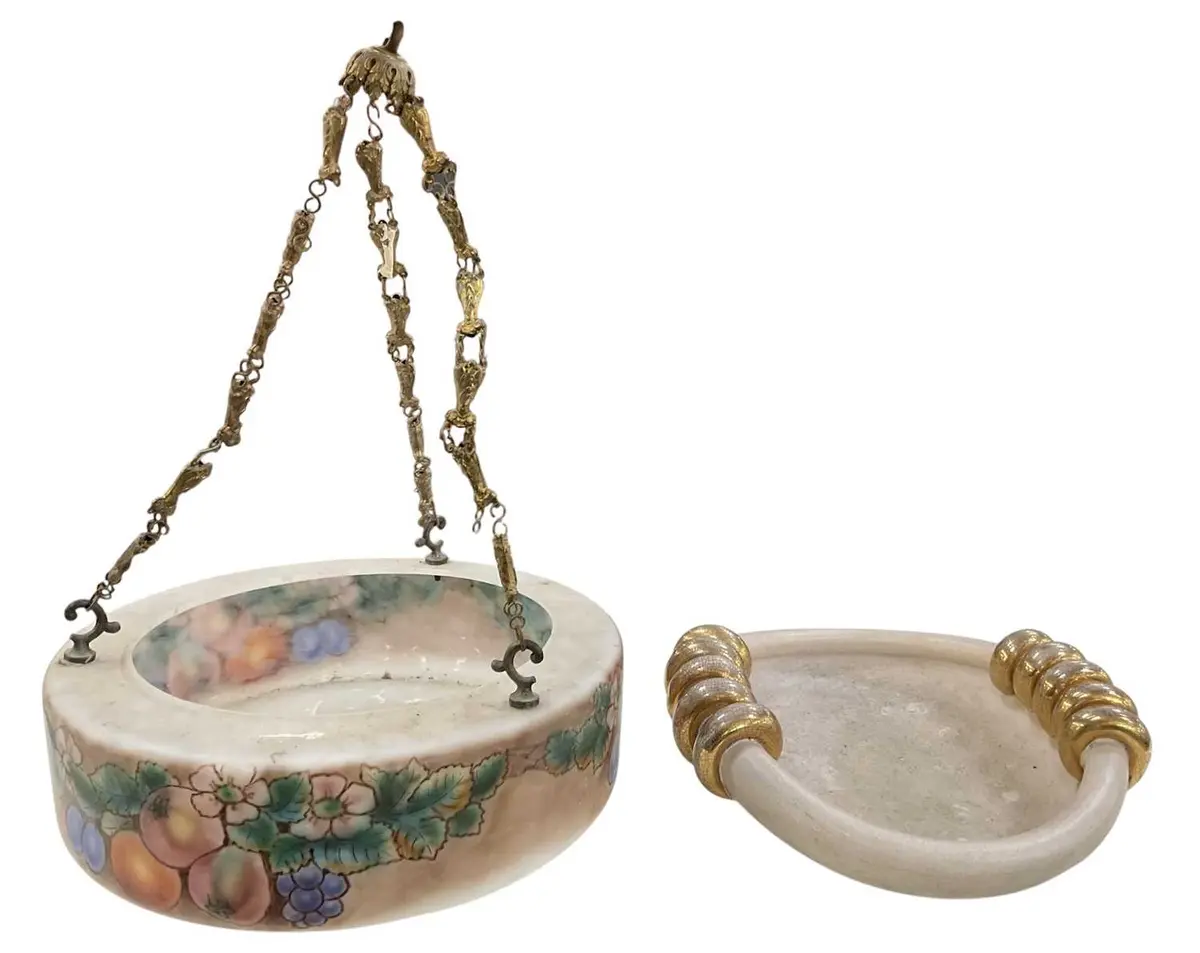 An early 20th century hand painted frosted art glass plafonnier