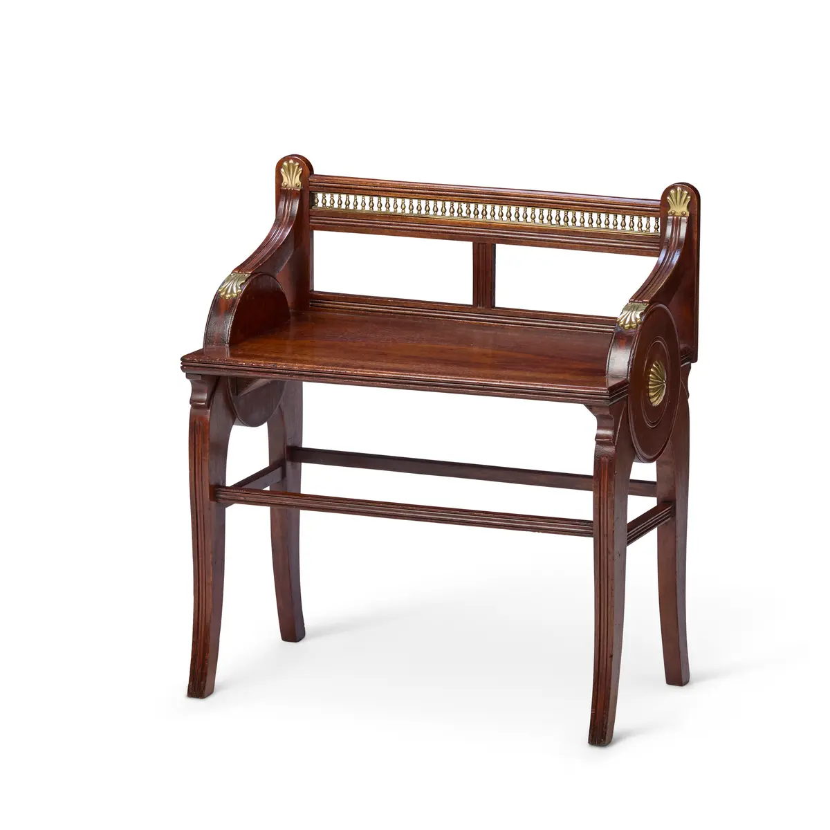 VICTORIAN MAHOGANY AND BRASS MOUNTED HALL BENCH, BY JAMES SHOOLBRED