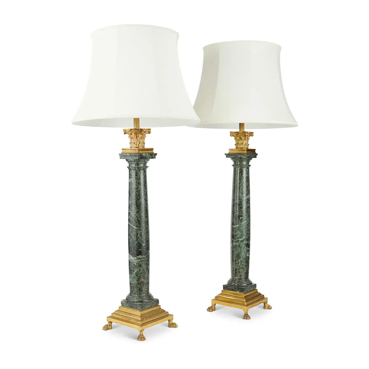 PAIR OF FRENCH GILT METAL AND GREEN MARBLE COLUMN TABLE LAMPS