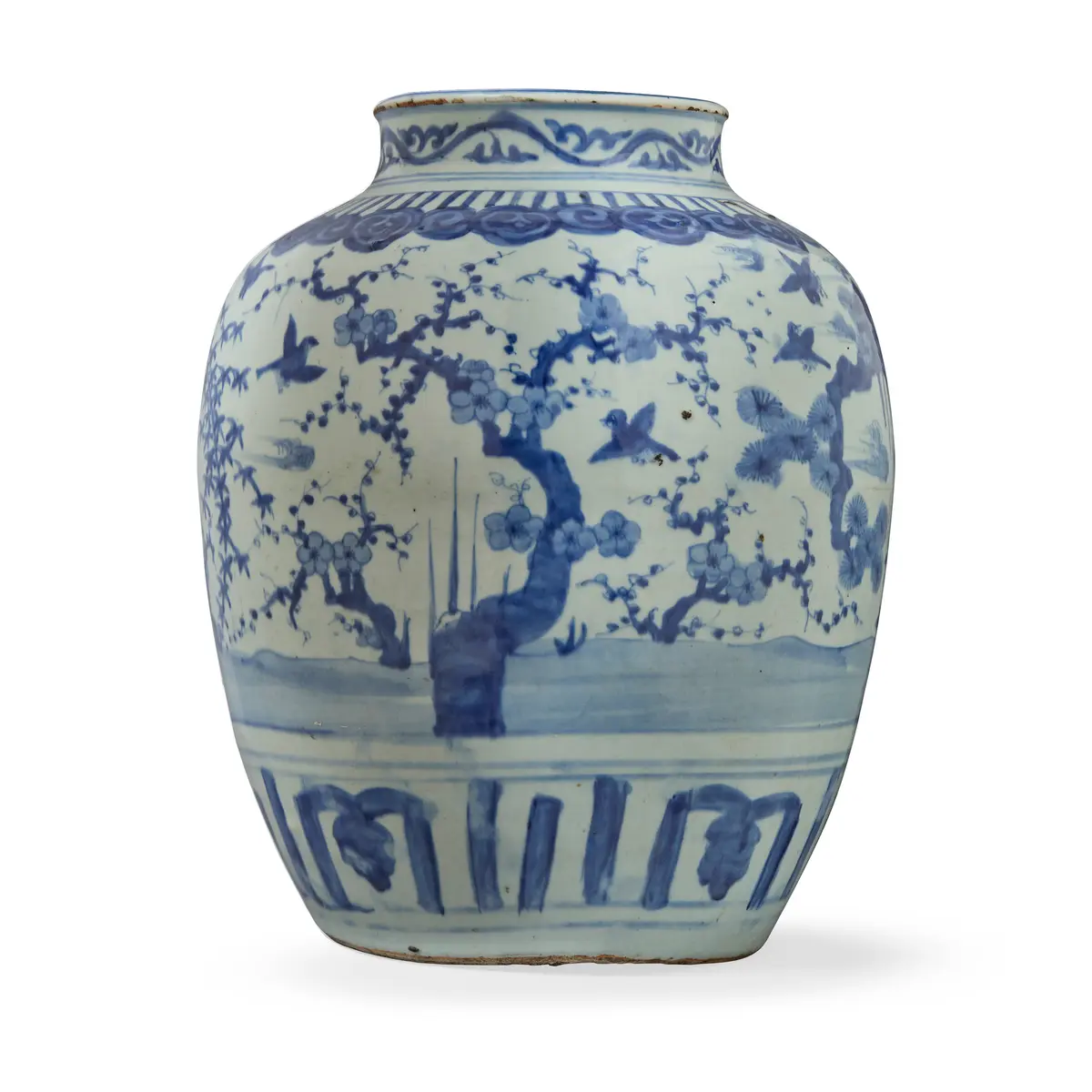LARGE CHINESE BLUE AND WHITE 'THREE FRIENDS OF WINTER' JAR