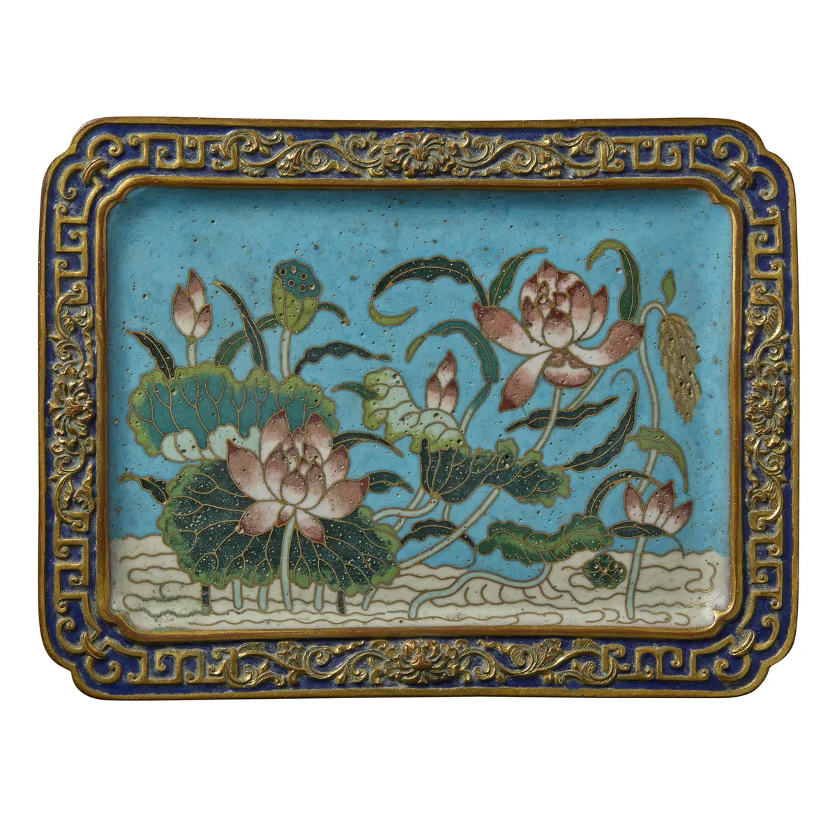 CHINESE CLOISONNÉ ENAMEL 'LOTUS POND' RECTANGULAR TRAY