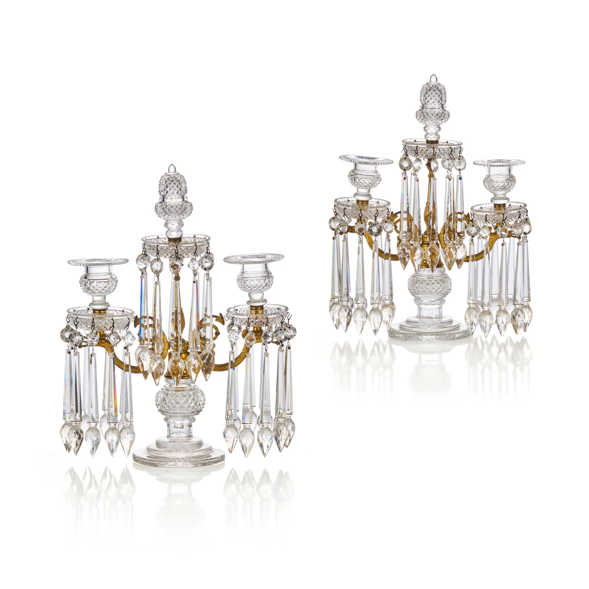 PAIR OF REGENCY GILT BRONZE AND CUT GLASS TABLE CANDELABRA LUSTRES