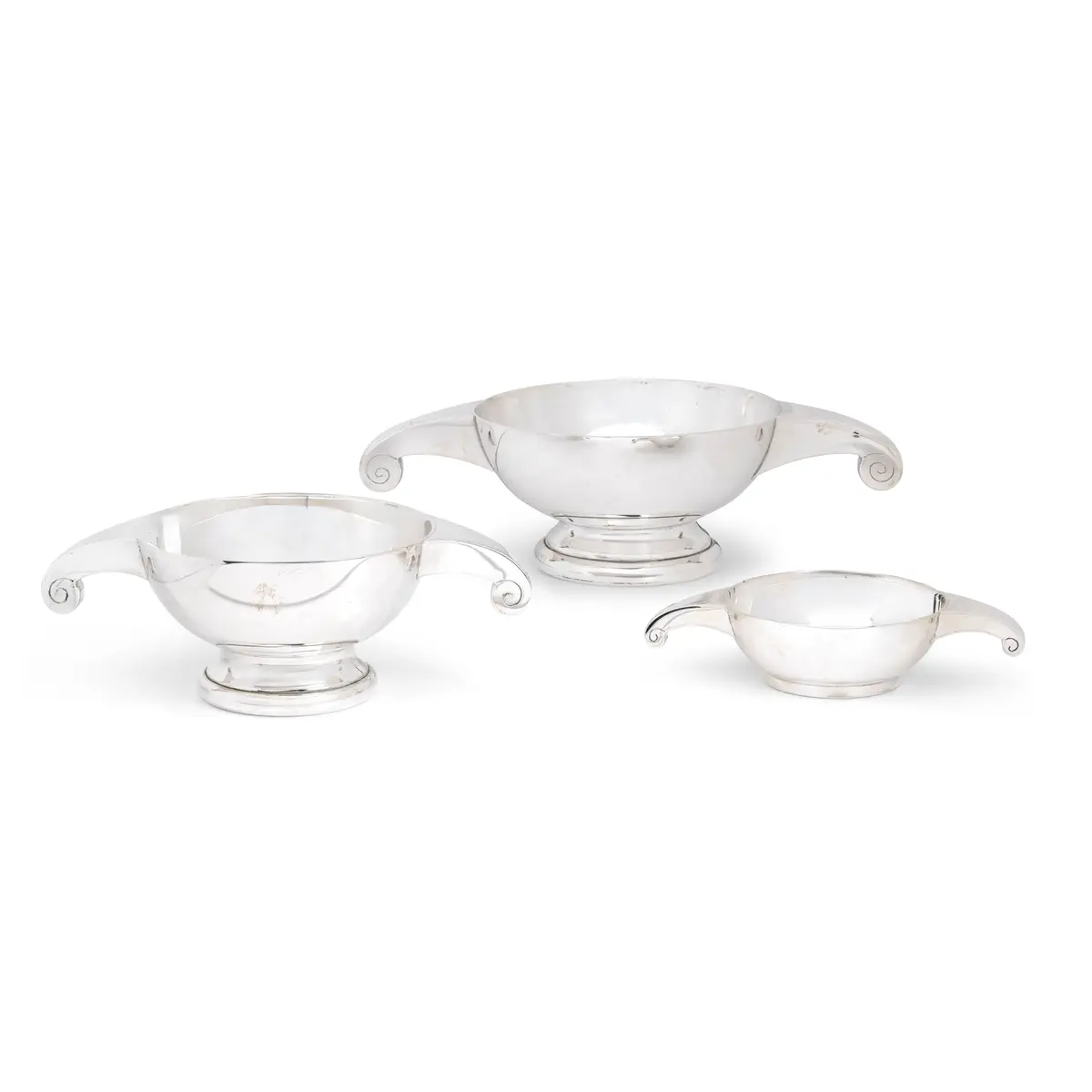MATCHED SET OF THREE CONTEMPORARY SILVER GRADUATED SCROLL QUAICHS
