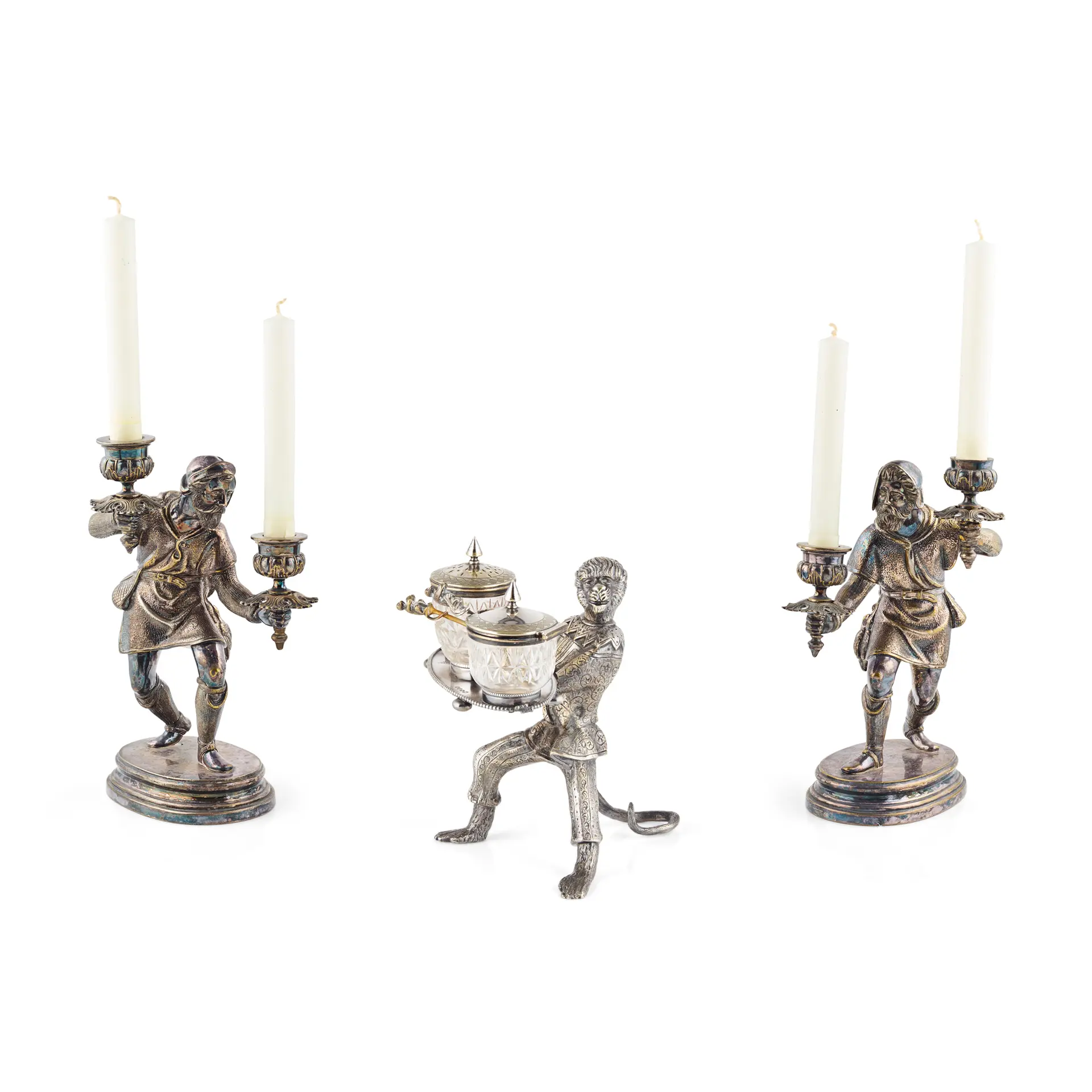 VICTORIAN SILVERED METAL FIGURAL TABLE WARES