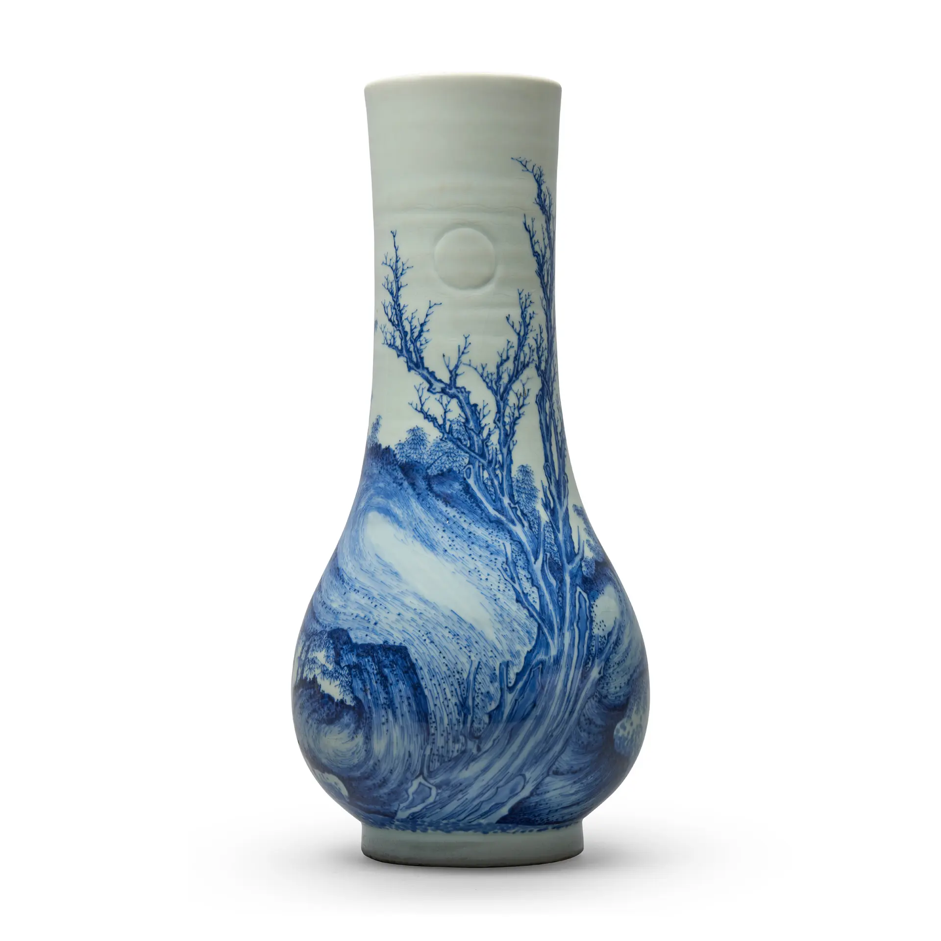 LARGE CHINESE CARVED AND MOULDED BLUE AND WHITE 'INSCRIBED' VASE