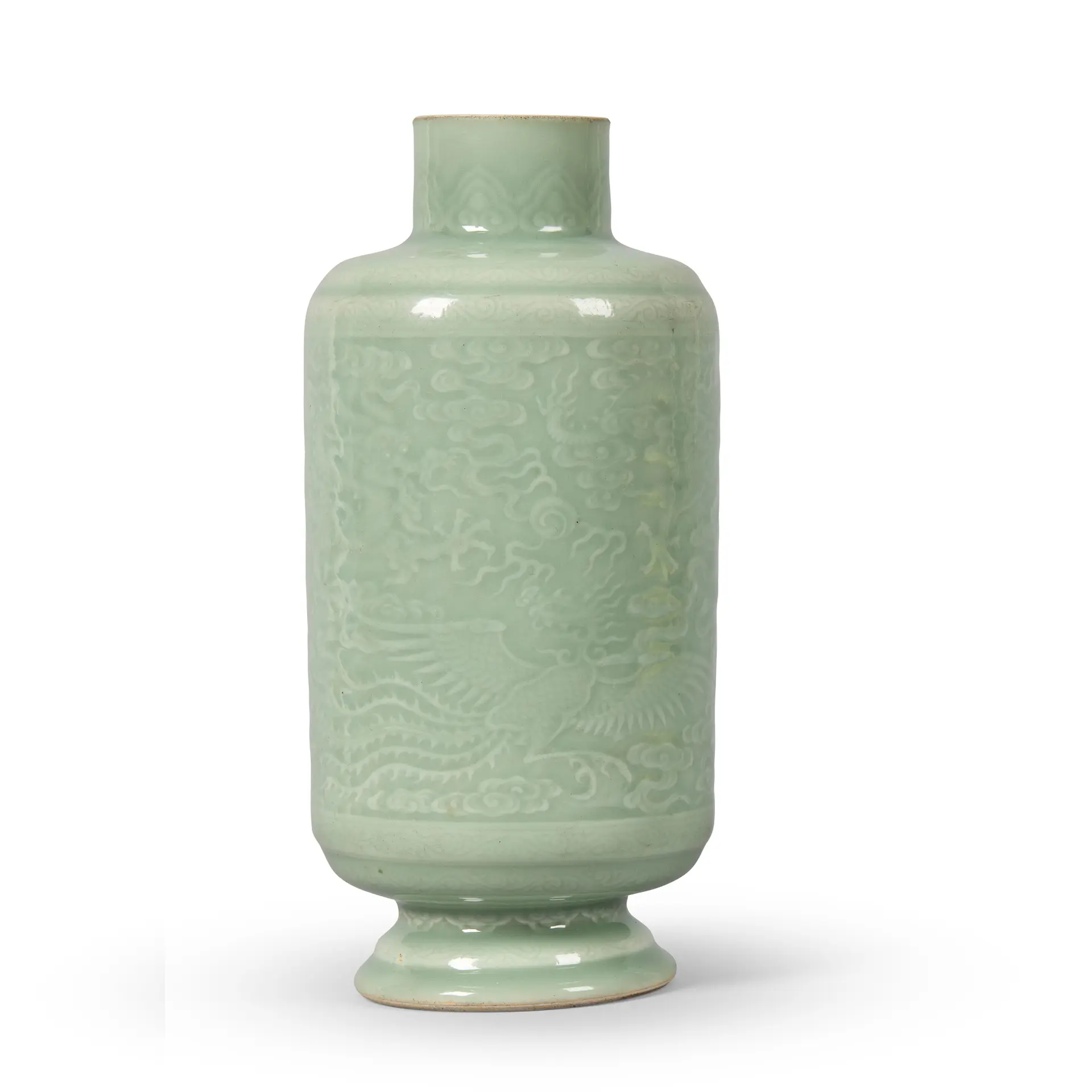 CHINESE CARVED CELADON-GLAZED 'DRAGON AND PHOENIX' VASE