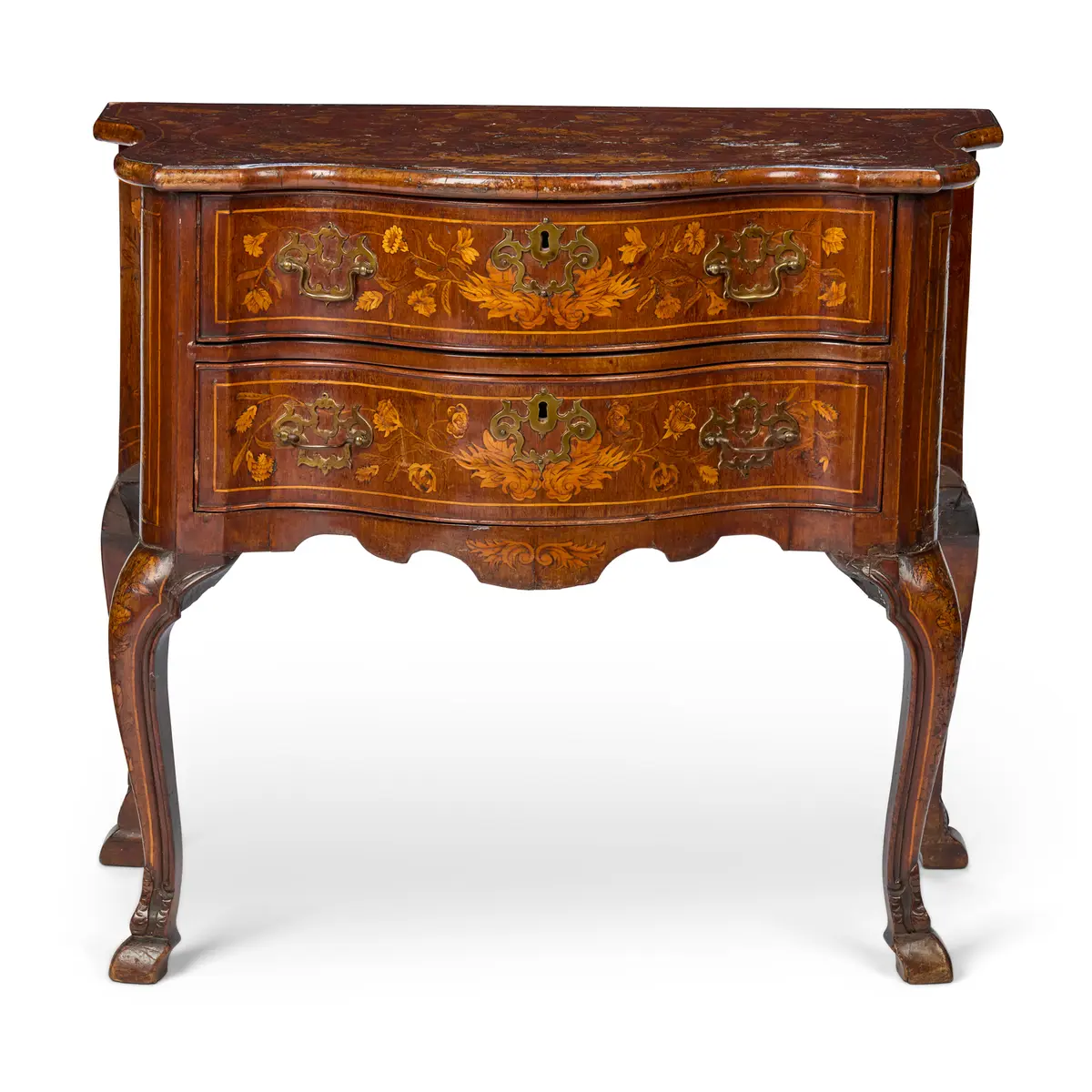 DUTCH WALNUT AND FRUITWOOD MARQUETRY LOW BOY