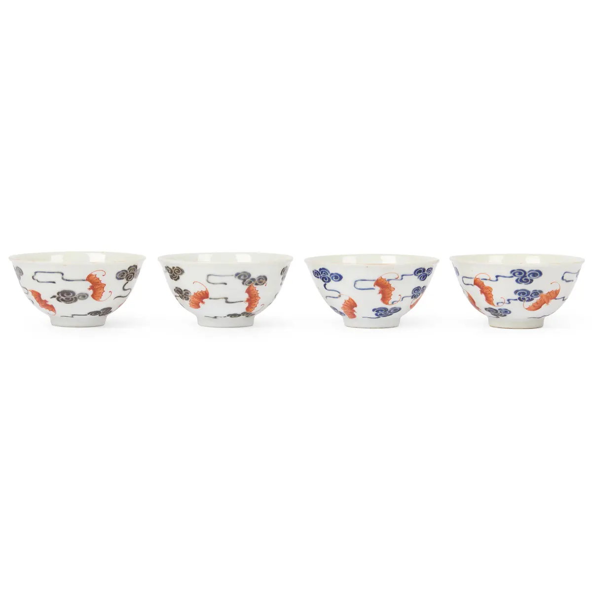[DRINKING CULTURE] SET OF FOUR CHINESE BLUE-ENAMELLED IRON-RED-DECORATED