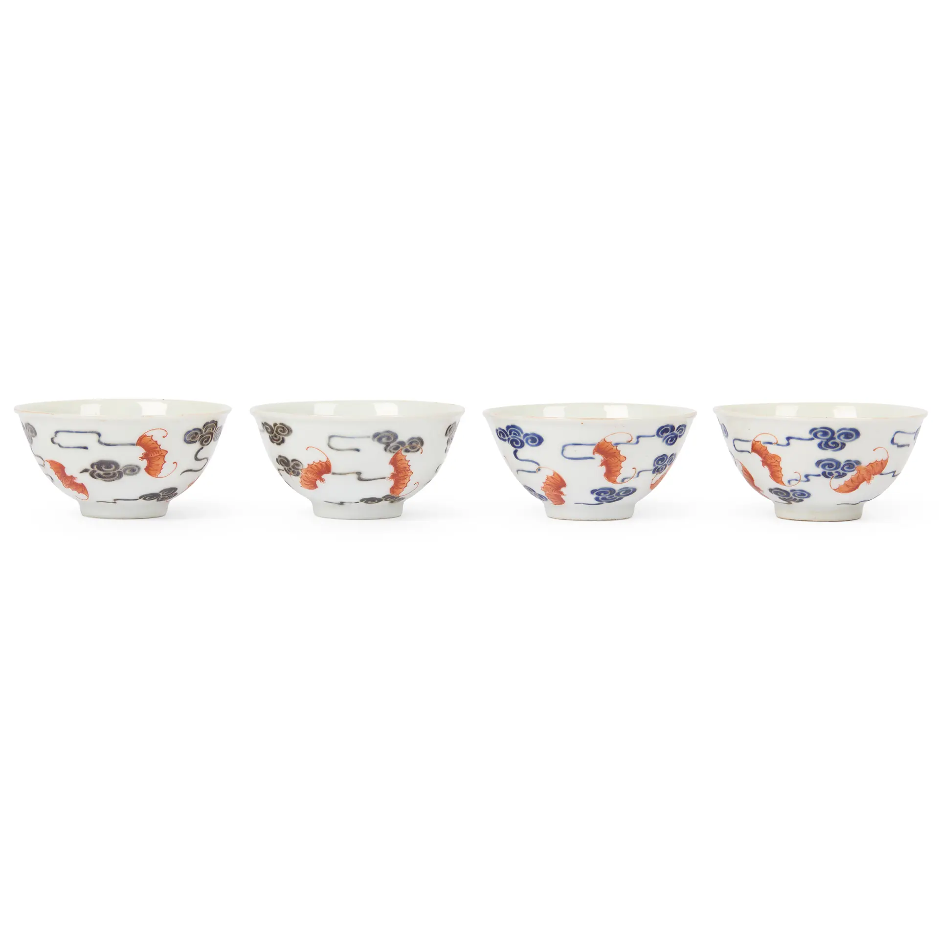 [DRINKING CULTURE] SET OF FOUR CHINESE BLUE-ENAMELLED IRON-RED-DECORATED
