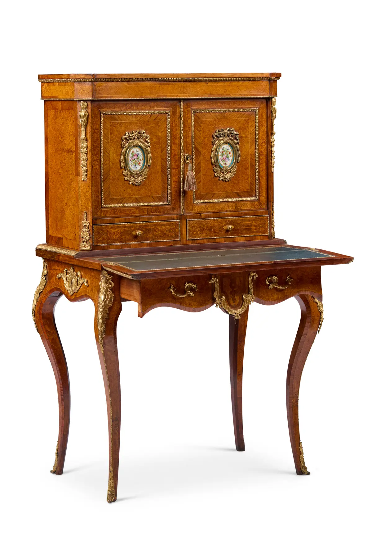 LOUIS XV STYLE AMBOYNA, KINGWOOD, PORCELAIN AND GILT BRONZE MOUNTED