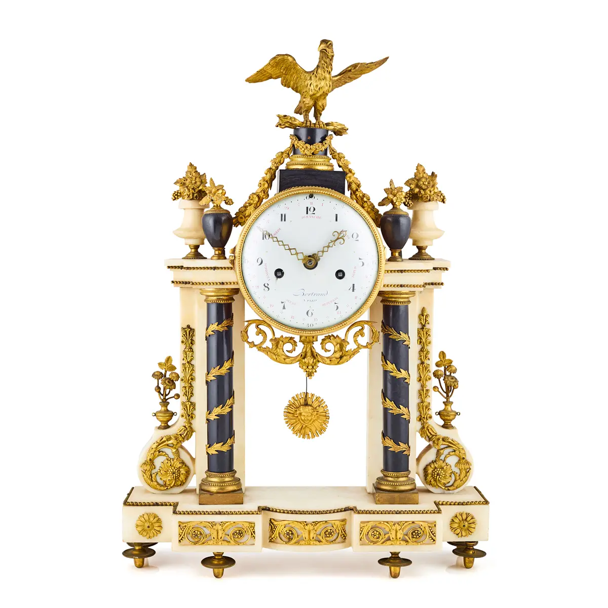LOUIS XVI WHITE MARBLE AND GILT BRONZE MOUNTED PORTICO CLOCK