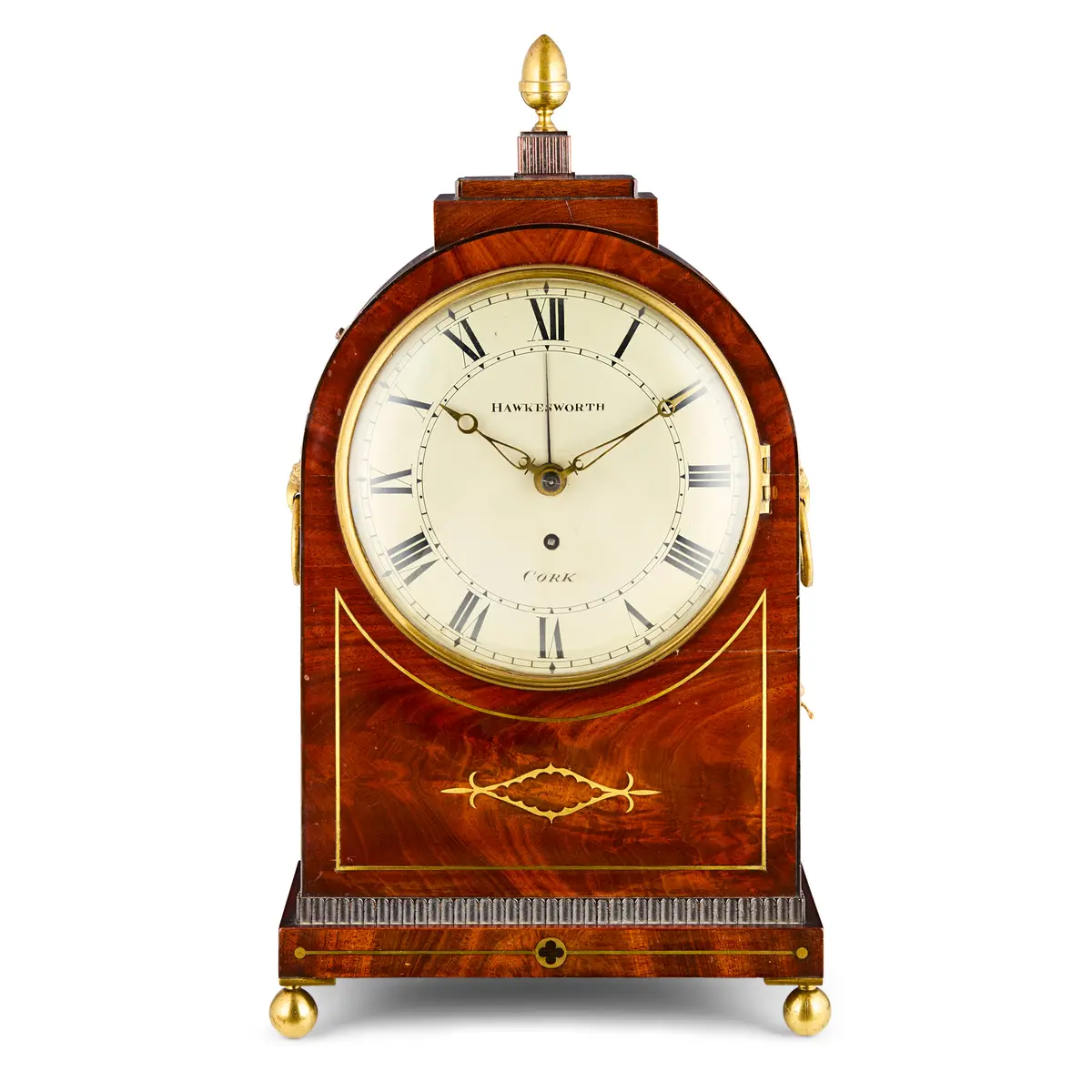 IRISH LATE REGENCY BRASS INLAID MAHOGANY BRACKET CLOCK WITH ALARM