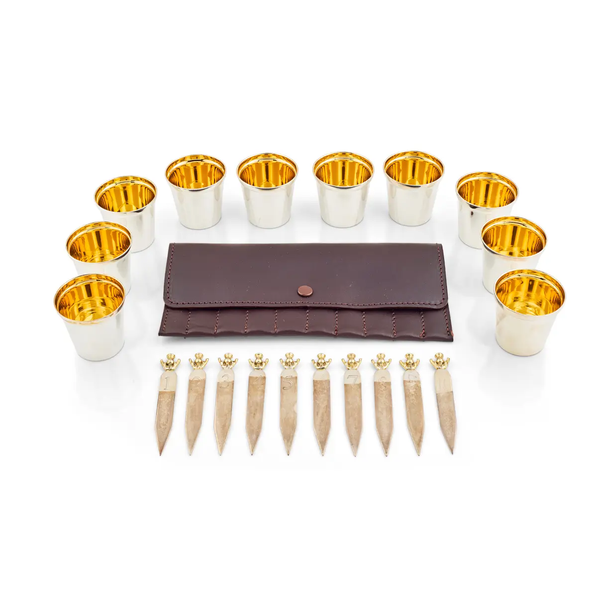 SET OF TEN CONTEMPORARY SILVER TOT CUPS AND CASED PEG MARKERS