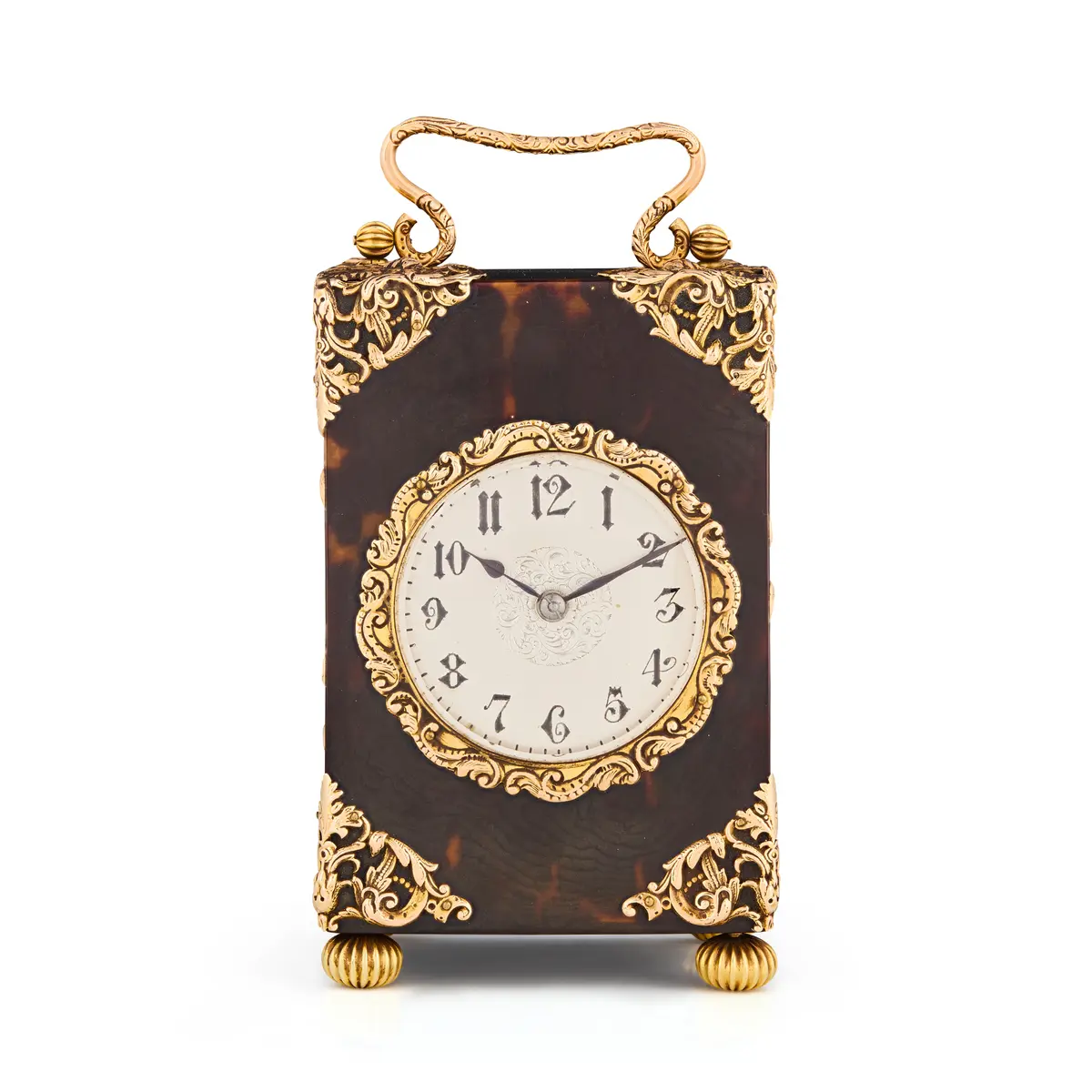 EDWARDIAN GILT METAL MOUNTED TORTOISESHELL CARRIAGE CLOCK