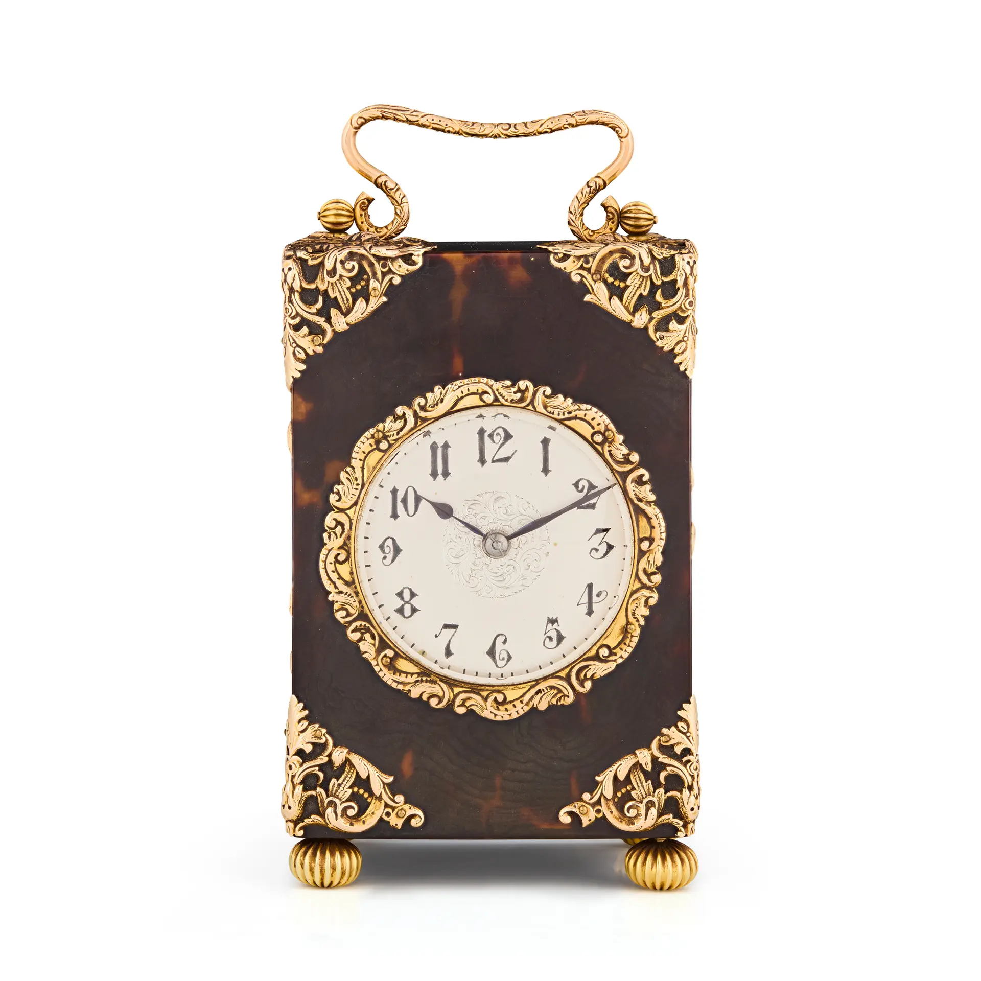 EDWARDIAN GILT METAL MOUNTED TORTOISESHELL CARRIAGE CLOCK