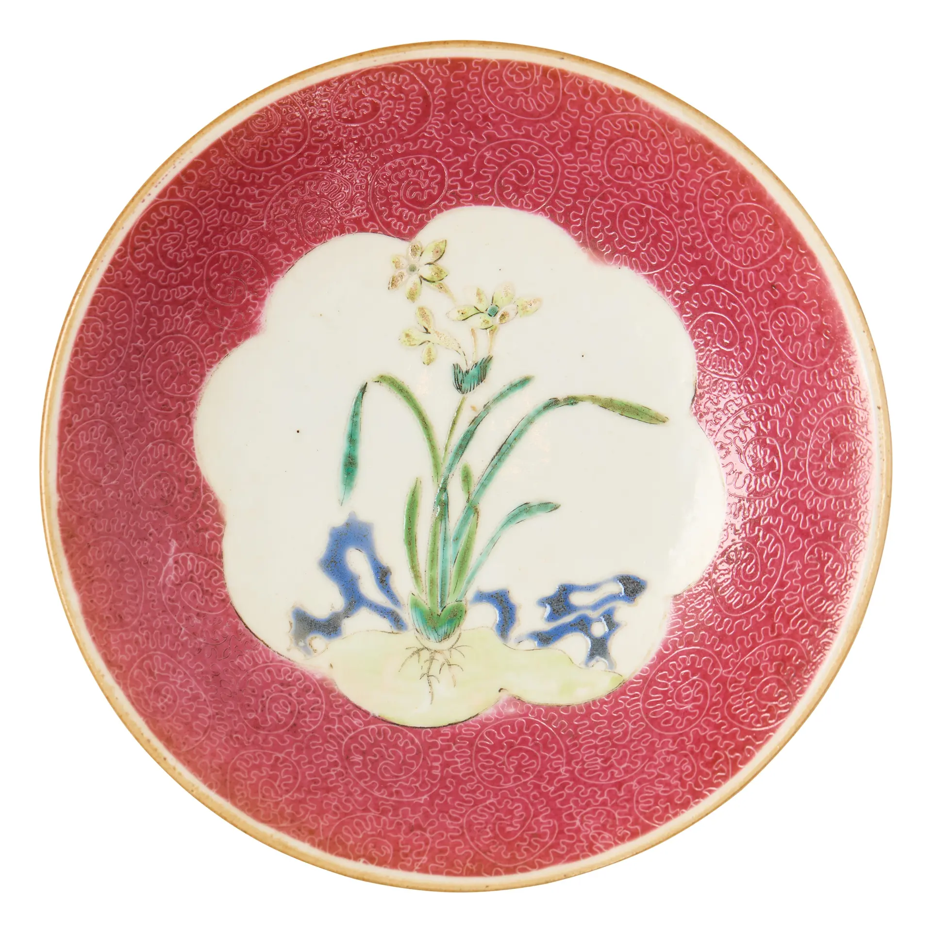 CHINESE RUBY-RED-GROUND SGRAFFITO FAMILLE ROSE DISH