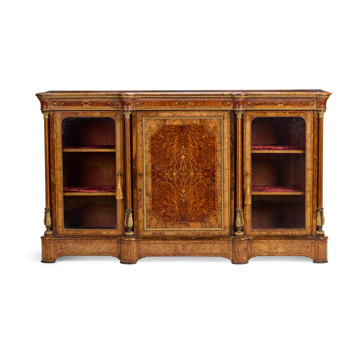 VICTORIAN WALNUT, AMBOYNA, AND MARQUETRY GILT METAL MOUNTED CREDENZA
