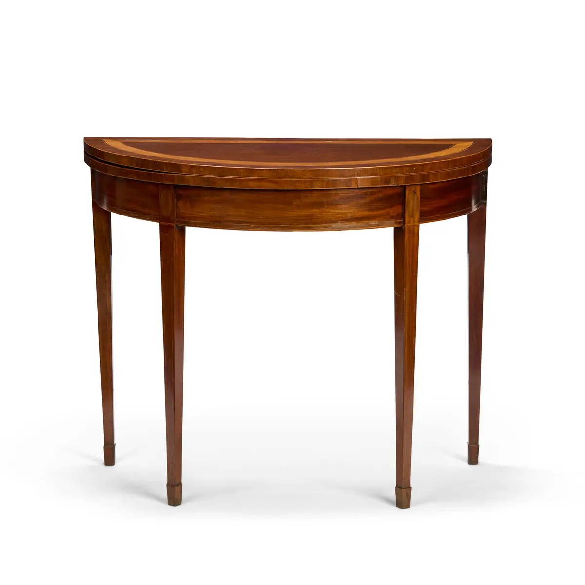 GEORGE III MAHOGANY AND SATINWOOD DEMI-LUNE TEA TABLE