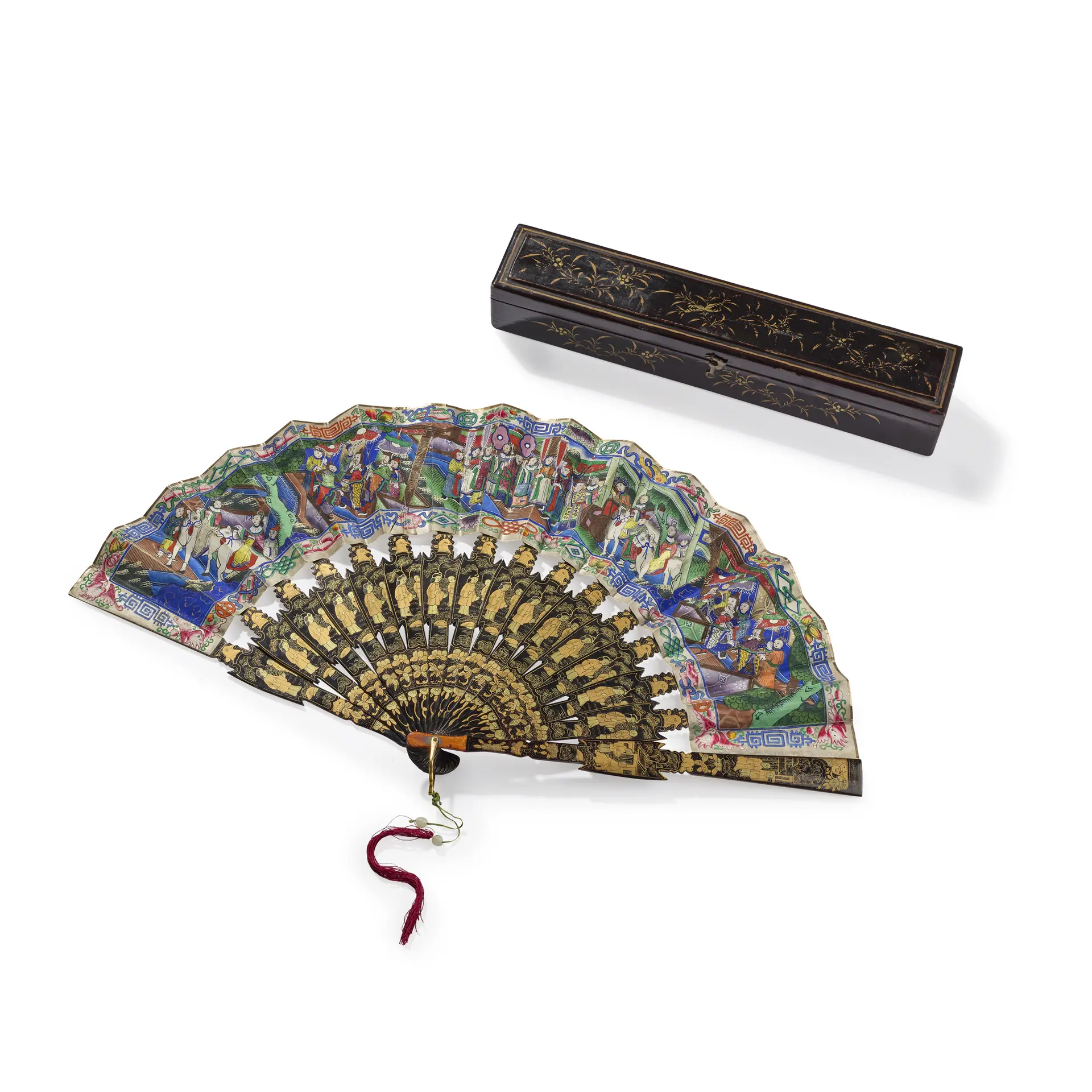 CANTON GILT-DECORATED 'FIGURAL' LACQUER AND PAPER FAN