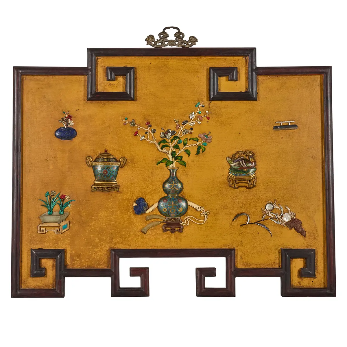 LARGE CHINESE INLAID 'PRECIOUS ANTIQUES' WOODEN WALL PANEL