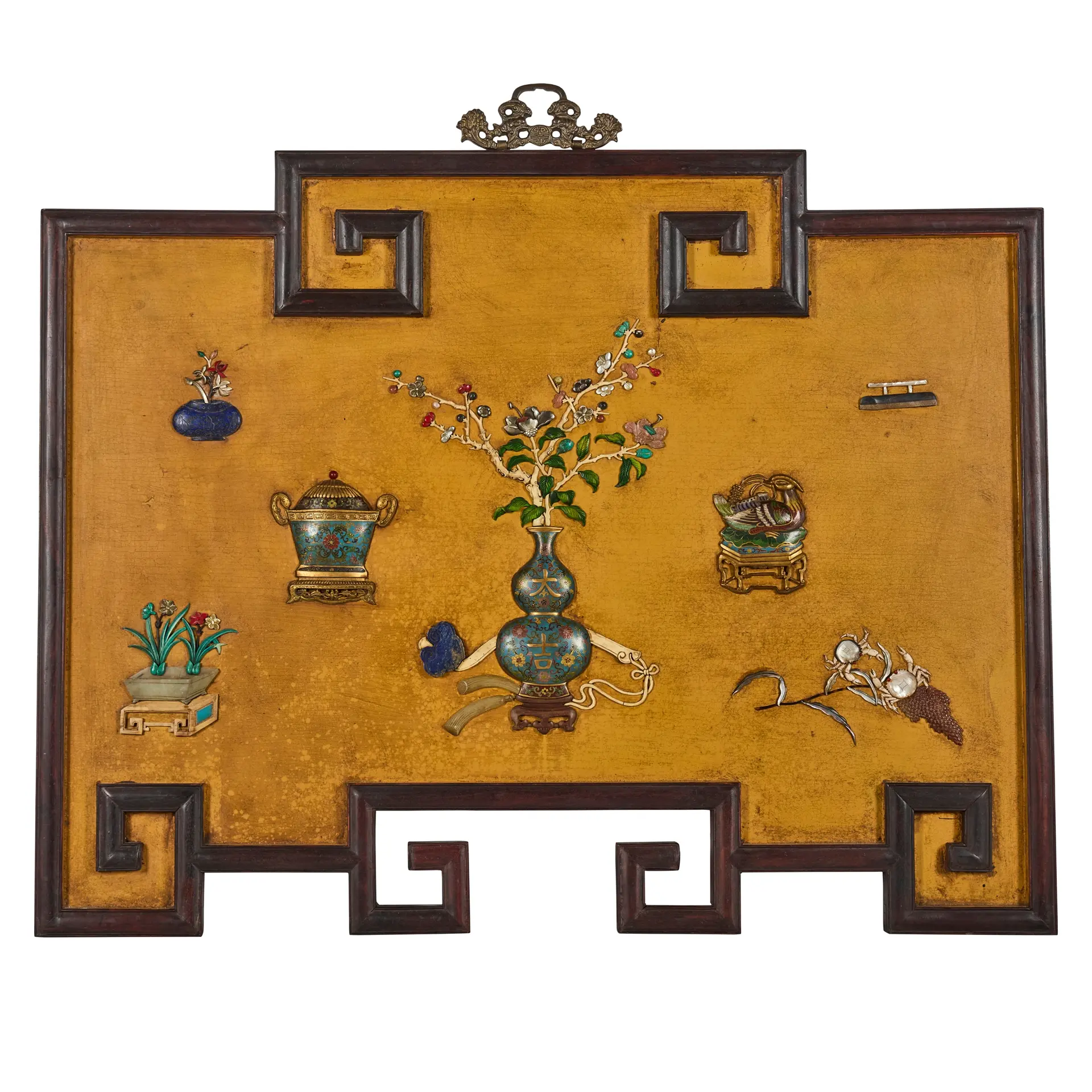LARGE CHINESE INLAID 'PRECIOUS ANTIQUES' WOODEN WALL PANEL