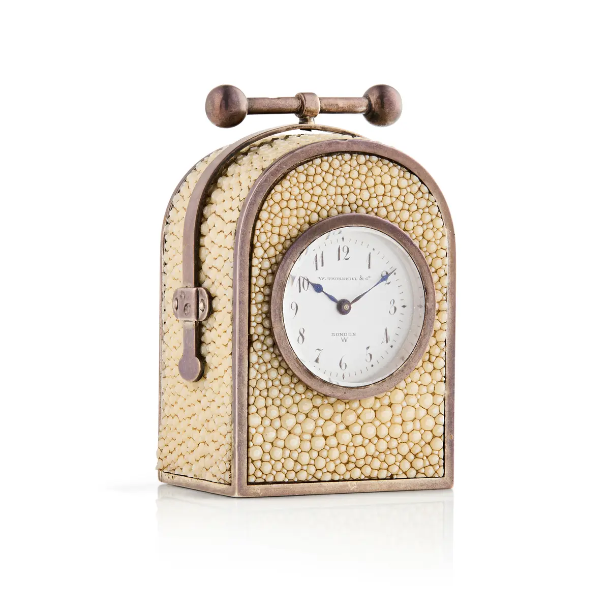 VICTORIAN SILVER AND SHAGREEN MINIATURE DESK CLOCK, WALTER THORNHILL