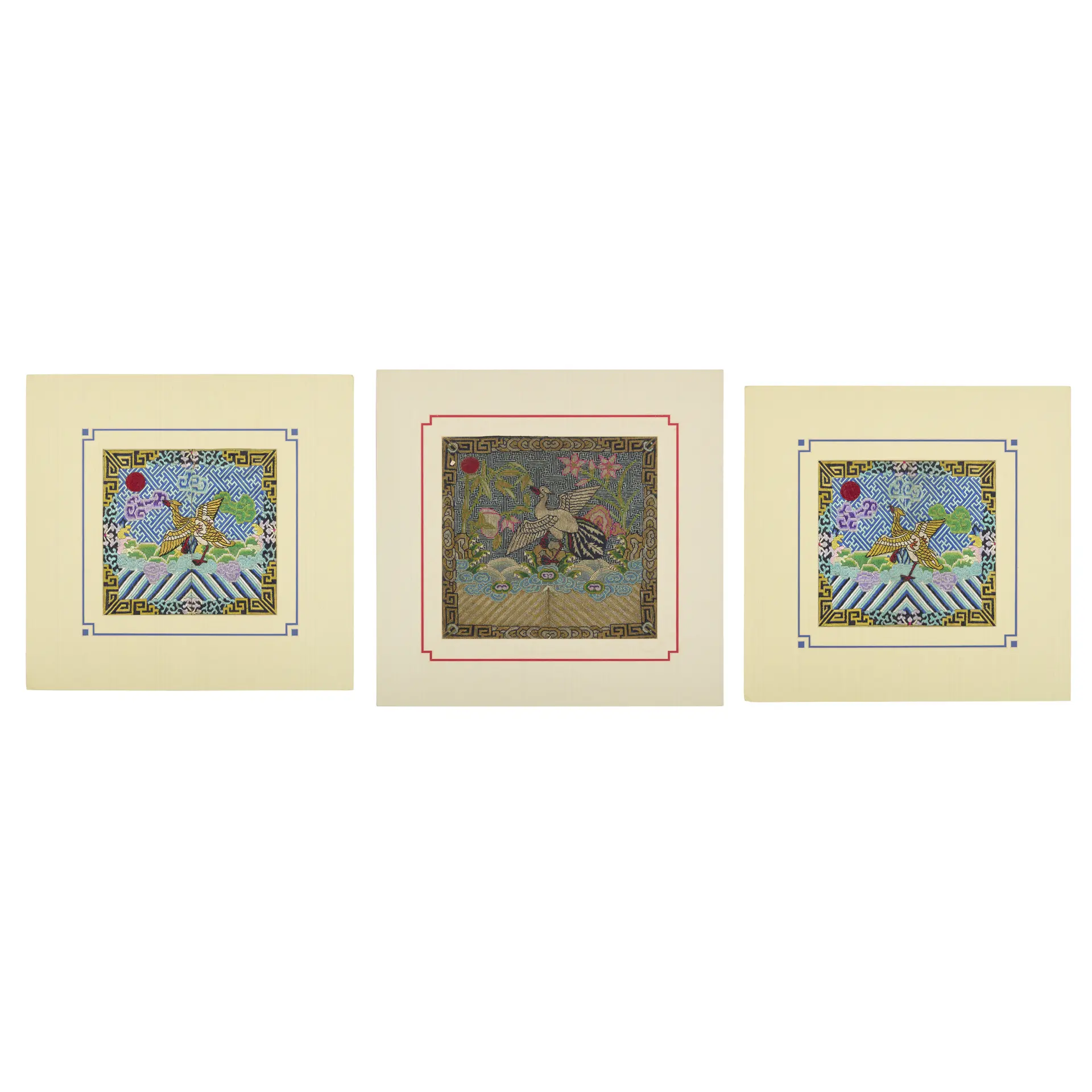 GROUP OF THREE CHINESE SILK EMBROIDERED CIVIL RANK BADGES