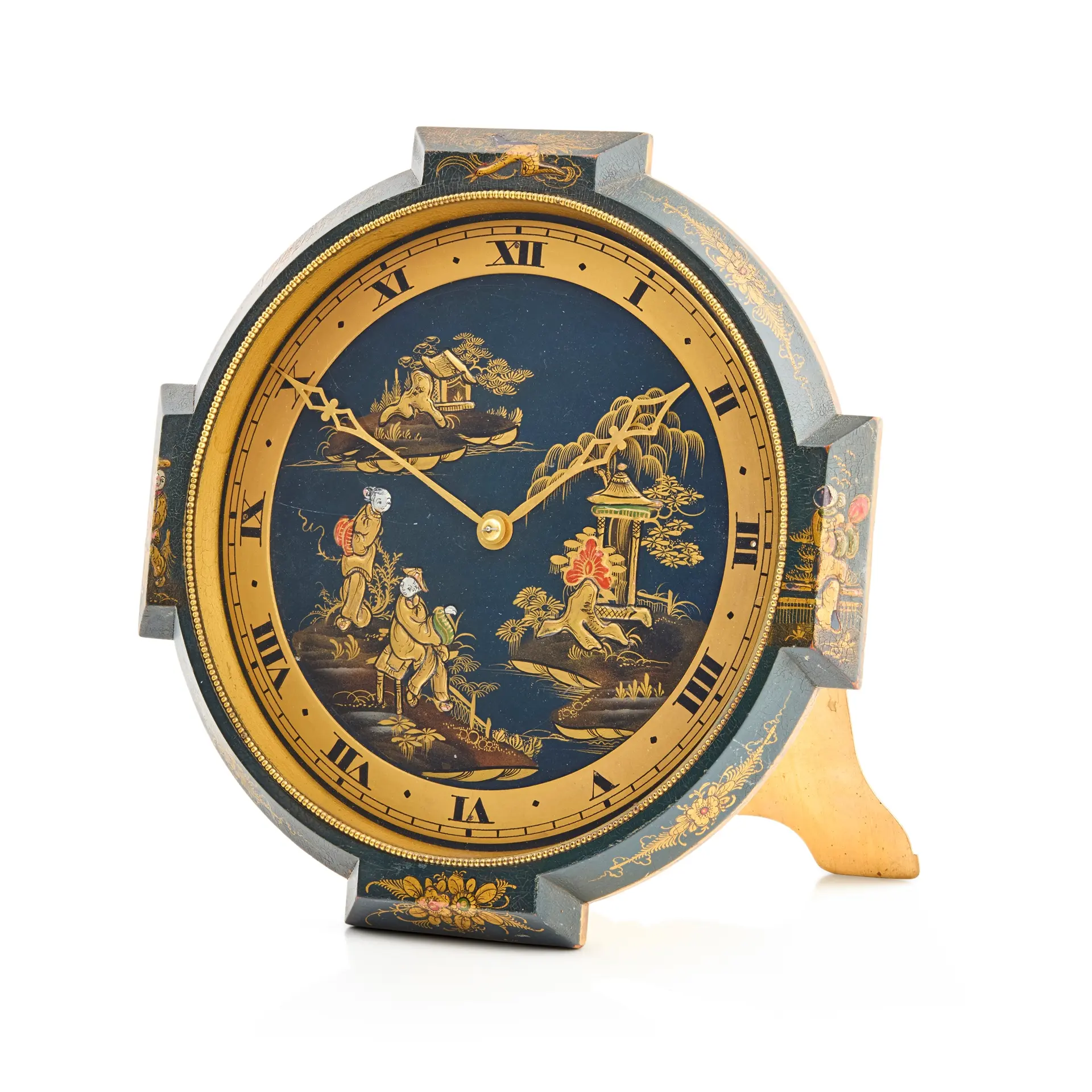 ART DECO BLUE AND GILT JAPANNED AND GILT BRASS STRUT CLOCK, S. T.