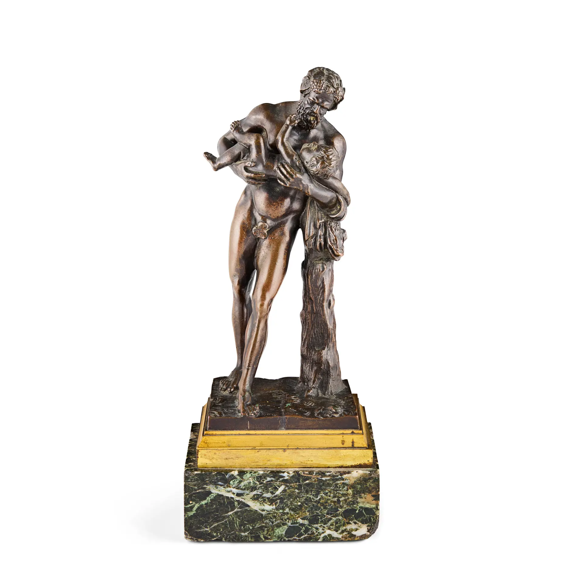 ITALIAN BRONZE FIGURE GROUP OF SILENUS AND THE INFANT BACCHUS, AFTER