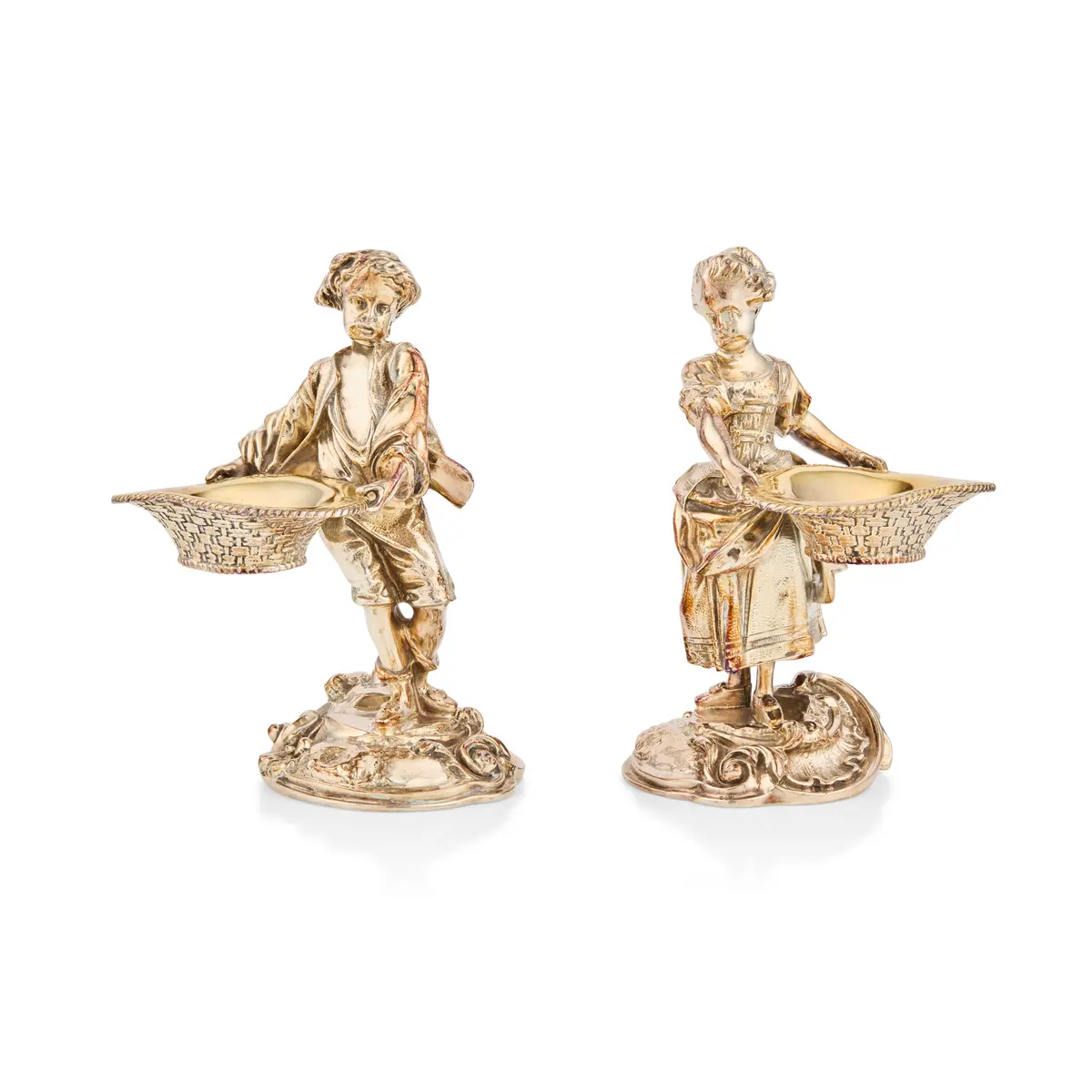 PAIR OF SILVER-PLATED FIGURAL SALT CELLARS OF A GARDENER AND COMPANION