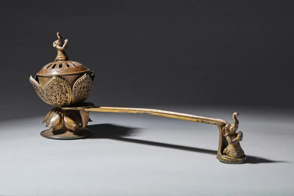 [INCENSE CULTURE] RARE GILT-BRONZE 'VINĀYAKA-GANESHA' LONG-HANDLED CENSER