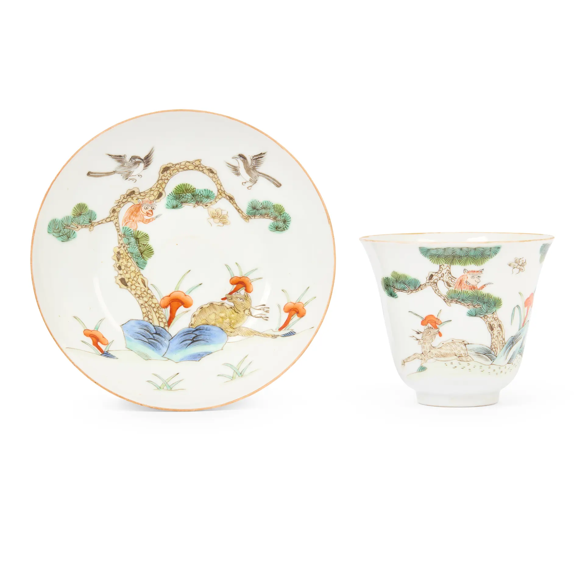[DRINKING CULTURE] SET OF CHINESE FAMILLE ROSE 'MONKEY, DEER AND PINE