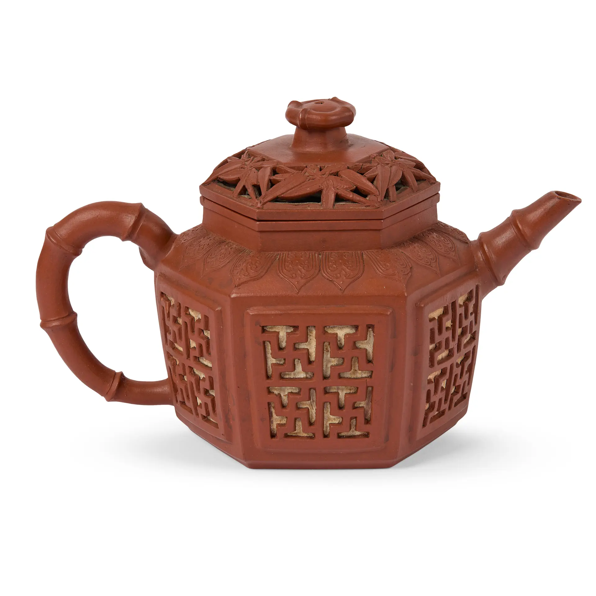 [DRINKING CULTURE] CHINESE YIXING STONEWARE HEXAGONAL 'WINDOW' TEAPOT