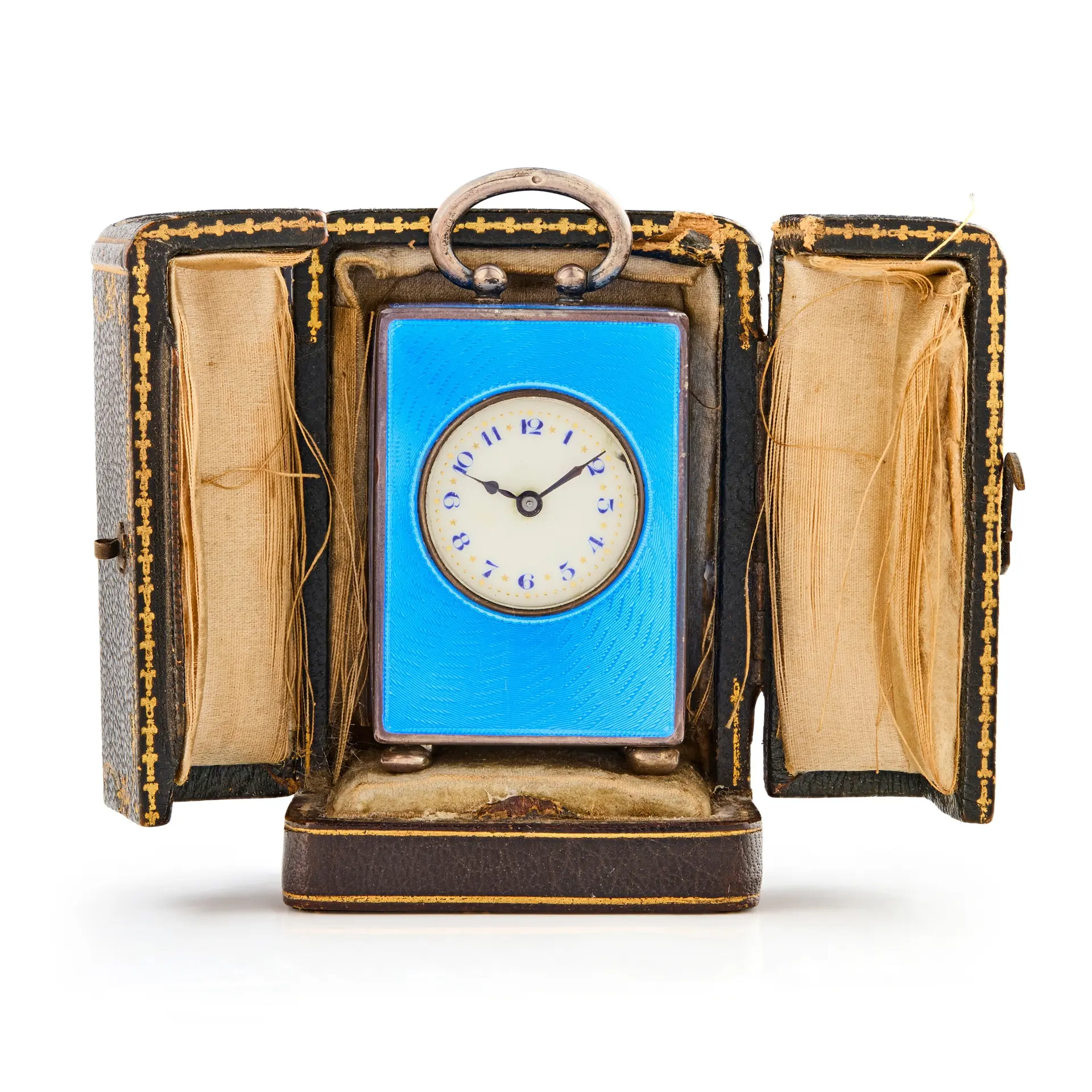 FINE SWISS SILVER AND BLUE ENAMEL MINIATURE CARRIAGE CLOCK, RETAILED