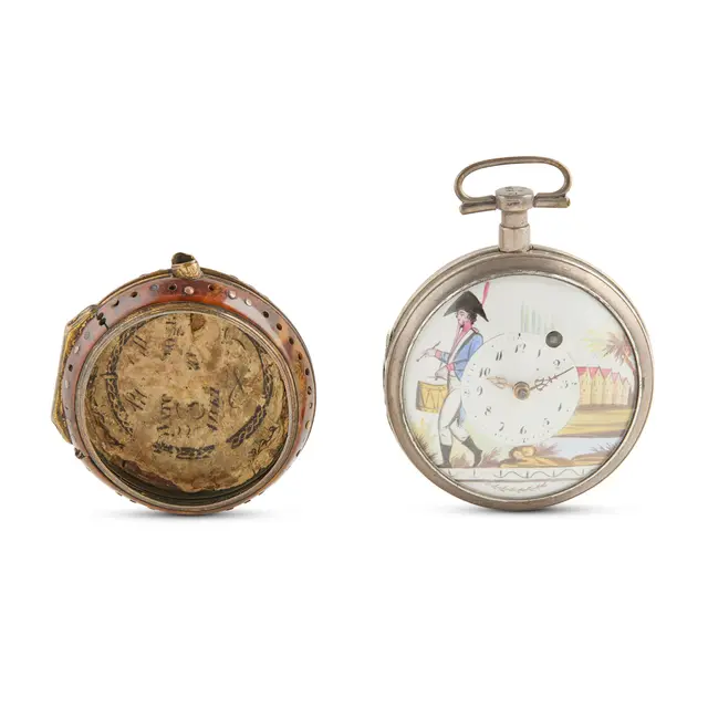 GEORGIAN ENAMEL DIAL POCKET WATCH AND ASSOCIATED TORTOISESHELL WATCH CASE