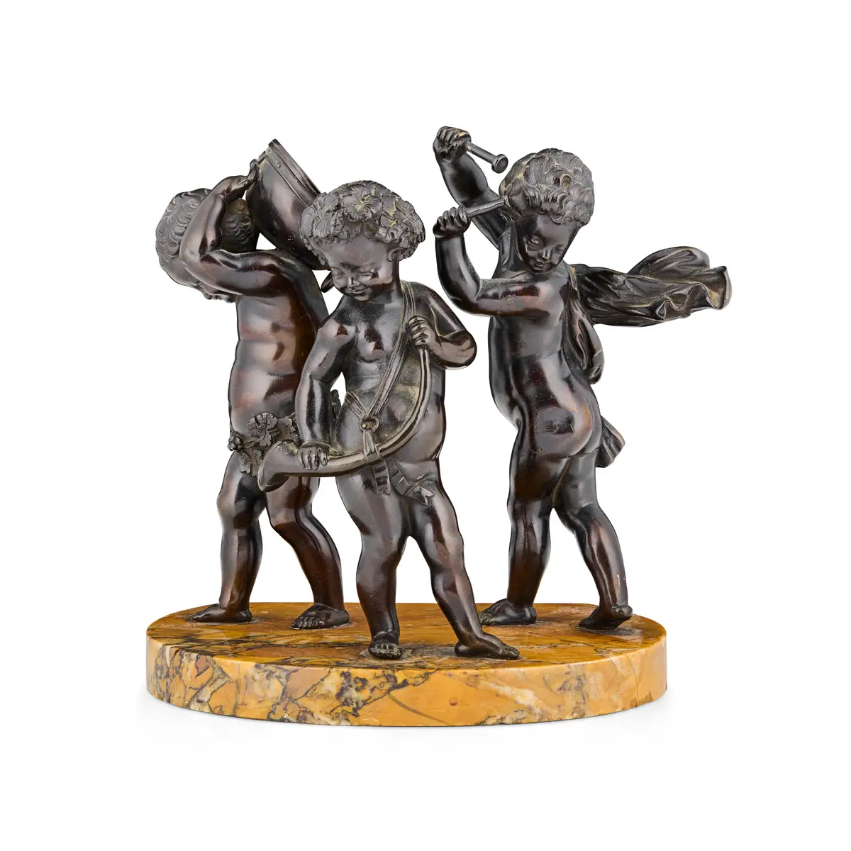 FRENCH BRONZE AND SIENA MARBLE FIGURE GROUP OF PUTTI