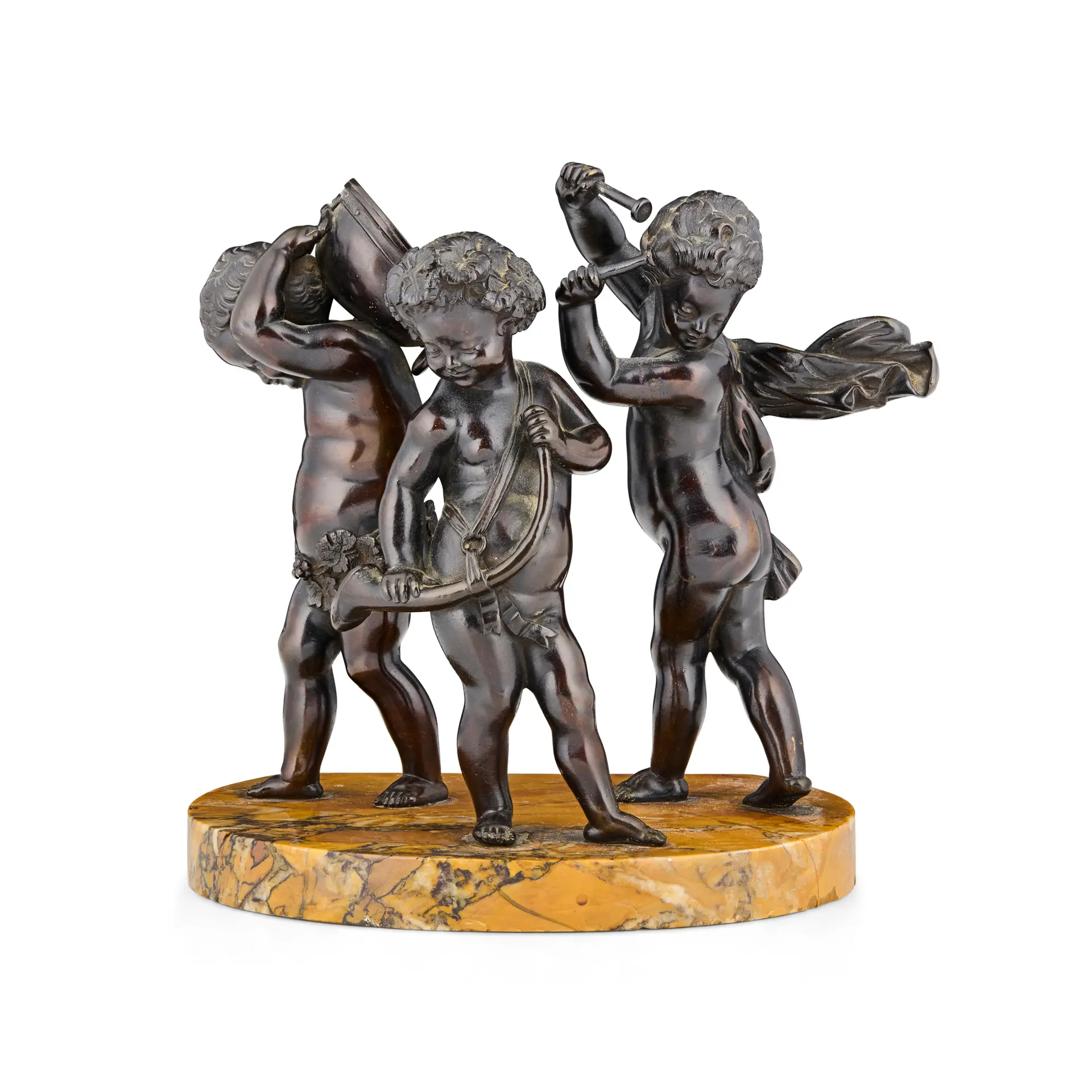 FRENCH BRONZE AND SIENA MARBLE FIGURE GROUP OF PUTTI