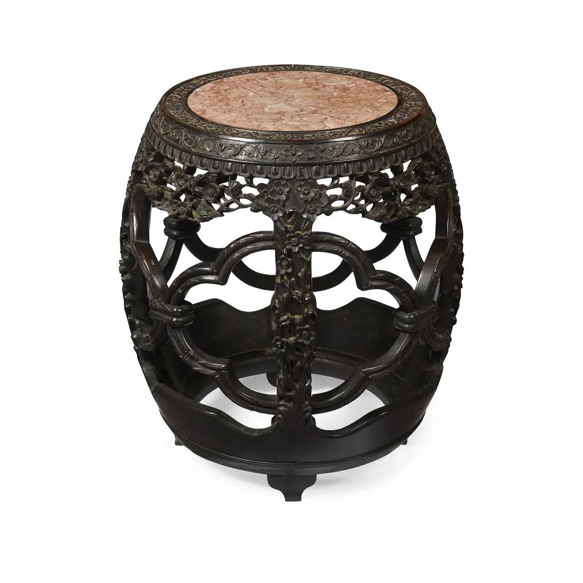 CHINESE HARDWOOD AND MARBLE INSET DRUM STOOL
