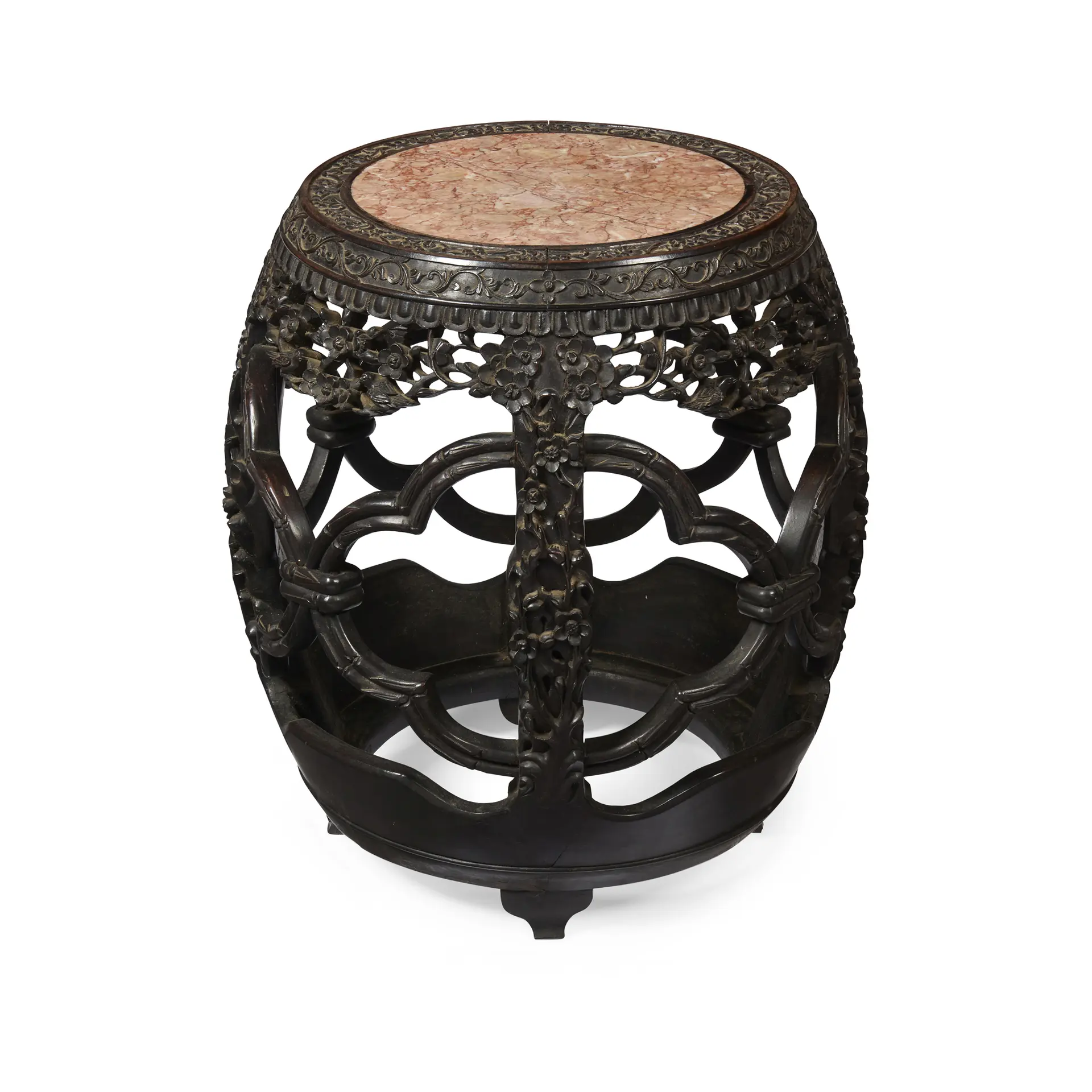 CHINESE HARDWOOD AND MARBLE INSET DRUM STOOL