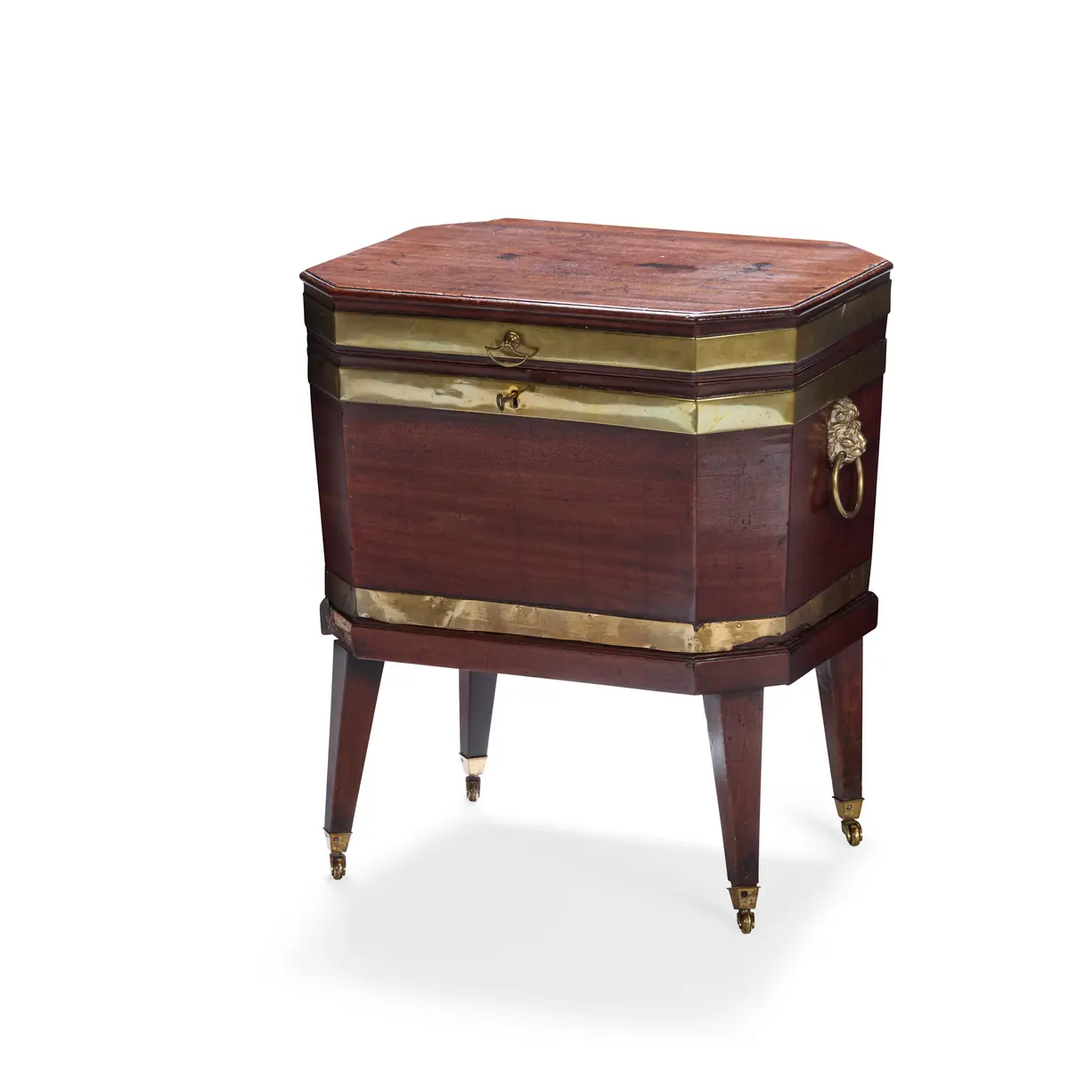 GEORGE III MAHOGANY BRASS BANDED CELLARETTE ON STAND